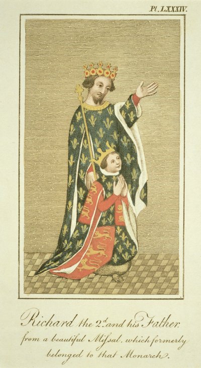 II. Richárd király (1367-1400) apjával, Edwarddal (1330-76), a Fekete Herceggel, illusztráció az 1799-ben megjelent The Complete View of the Dress and Habits of the England People of the England II. kötetből (színes alkotó: English School