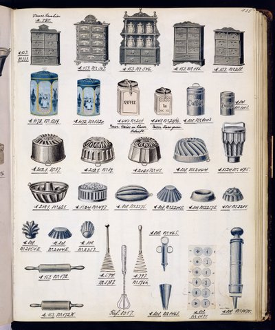 Konyhai tárolók és edények a hazai áruk és szerelvények kereskedelmi katalógusából, 1890-1910 alkotó: English School