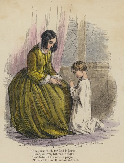 Térdelj le gyermekem, mert Isten itt van; Hajolj, szerelmesen, de ne félve; Térdeljetek le előtte imában, köszönöm Neki állandó gondoskodását (színes metszet) alkotó: English School