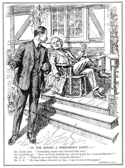 LLoyd George és Bonar Law az 1920. februári általános választás lehetőségéről tárgyal alkotó: English School