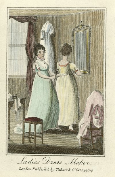 Női ruhakészítő, kocsma. 1804 (kézzel színezett metszet) alkotó: English School