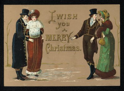 Hölgyek és urak téli ruhájukban, karácsonyi üdvözlőlap. (chromolitho) alkotó: English School