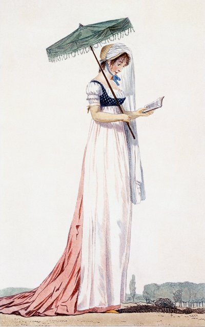 Női elegáns nyári ruha napernyővel, Delacourt, 1770 (színes gravírozás) alkotó: English School