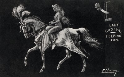 Lady Godiva meztelenül lovagol lóháton Coventry utcáin, és egy kukucskáló Tom (litho) nézi alkotó: English School
