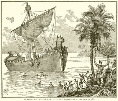 Leif Erickson partraszállása a Vineland partjainál 985-ben alkotó: English School