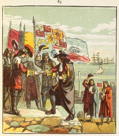 „Orangei Vilmos partraszállása”. 1688. november 5-én William megtámadta Angliát. alkotó: English School