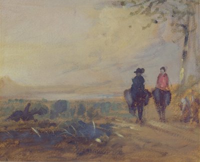 Táj tóval és két lovagló alakkal, amelyet korábban J.M.W. Turner (1775-1851) és Peter de Wint (1784-1849) nevéhez fűződik, 1815-25 (olaj, papír) alkotó: English School