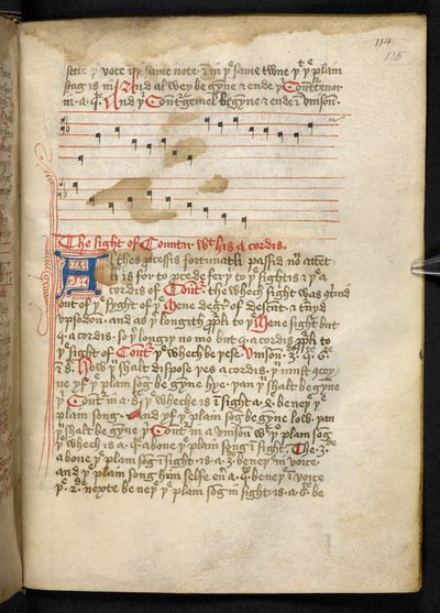 Lansdowne 763, f.115r, A tizenötödik században meglehetősen vellumra írt kötet, amely különböző szerzők ősi és nagyon érdekes tanulmányait tartalmazza a zenéről. alkotó: English School