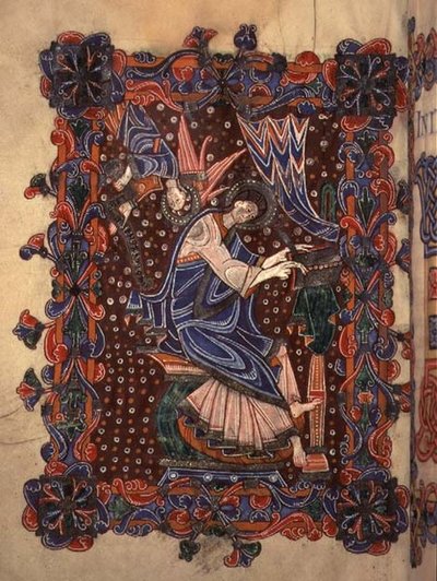 Lat 14782 f.16v Szent Máté írja evangéliumát, 1080 körül (pergamen) alkotó: English School