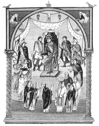 Lat 1 f.423r Kopasz Károly francia király (823-77) trónoló, Vivian apát megbízásából a tours-i Szent Márton kolostorból, Kopasz Károly első Bibliájából, 843-51, illusztráció alkotó: English School