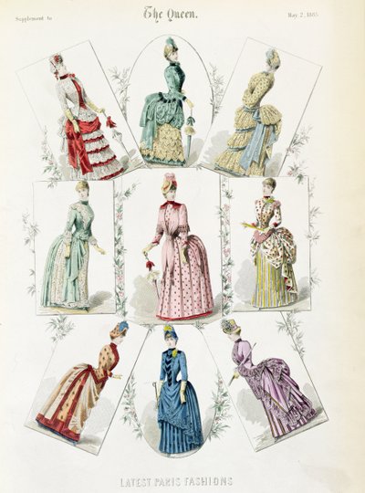 Legújabb párizsi divat, kilenc napos ruhák divattányérban a The Queen mellékletéből, 1885. május alkotó: English School