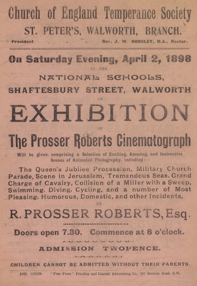 A Prosser Roberts Cinematograph kiállítását hirdető szórólap alkotó: English School