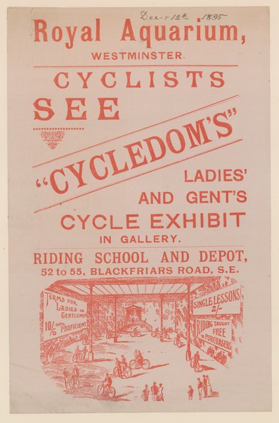 A Cycledoms Ladies and Gents Cycle kiállítást reklámozó szórólap a Royal Aquariumban alkotó: English School