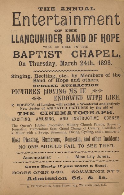 A Llangunider Band of Hope éves szórakozását hirdető szórólap alkotó: English School