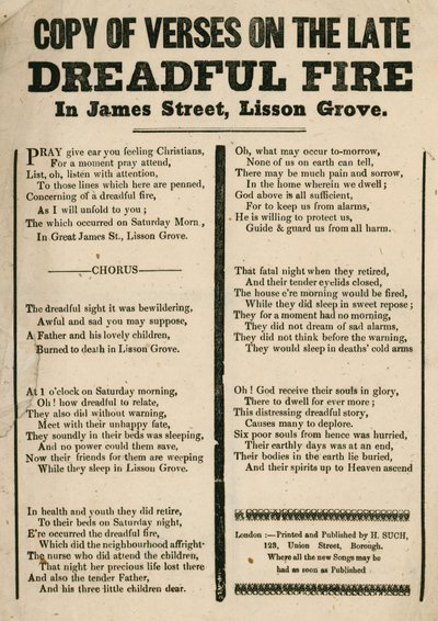 Szórólap a londoni Lisson Grove-i James Street-i tűzről szóló verssel alkotó: English School