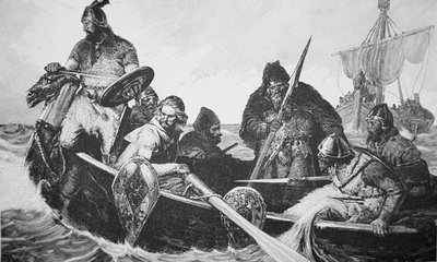 Leif Ericson felfedezi a jó Vinland partját, valószínűleg Newfoundland (metszet) alkotó: English School