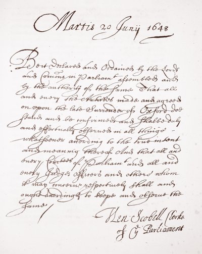 Henry Scobell levele, 1648. június 20 alkotó: English School
