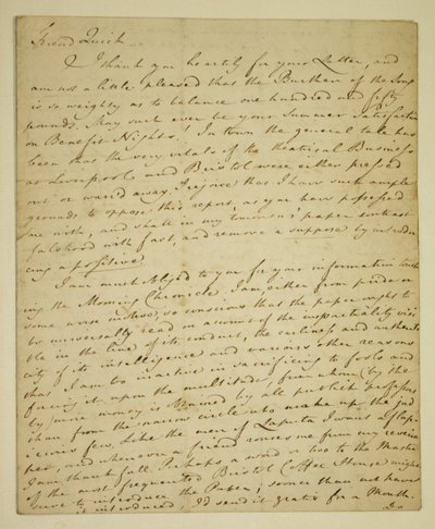 William Woodfall (1746-1803) levele John Quick színésznek (1748-1831) John Henderson kedvező kritikáiról a Haymarketben alkotó: English School