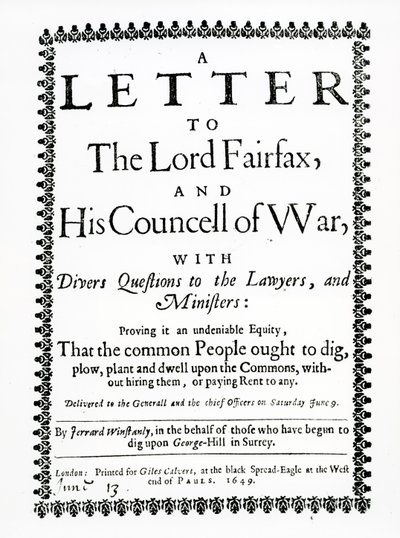 Gerrard Winstanley (kb. 1609-60) levele Lord Fairfaxnak a Surrey állambeli St. George Hill-i Diggerek nevében, 1649-ben nyomtatva alkotó: English School