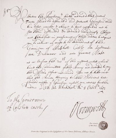 Oliver Cromwell levele Calshot kastély kormányzójához, 1651, fakszimile az eredetiről Sir James Fellowes birtokában, Cadbury House alkotó: English School