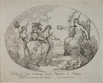 A szabadság és a hírnév bemutatja a női hazaszeretetet; Britannia és Devonshire hercegnője (metszet) alkotó: English School