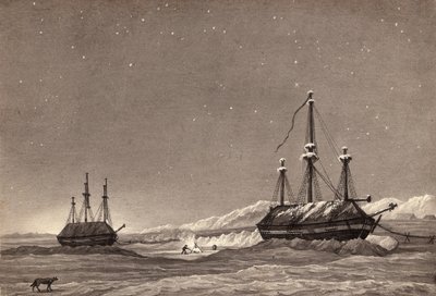 William Parry hadnagy első útja: H.M.S. Hecla és H.M.S. Griper in Winter Harbour, 1819 körül (toll és tinta, mosás papíron) alkotó: English School