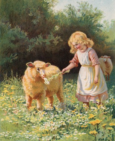 Kislány virággal eteti a juhot a réten (chromolitho) alkotó: English School