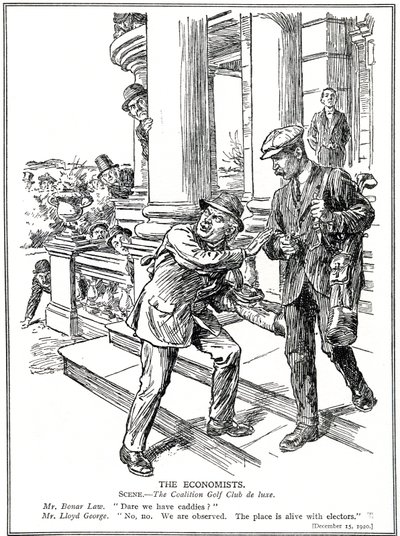 Lloyd George-nak és Bonar Lawnak a Coalition Golf Clubban, akik félnek az Anti-Waste ligától, le kell mondaniuk a caddie-k luxusáról. 1920 decembere alkotó: English School