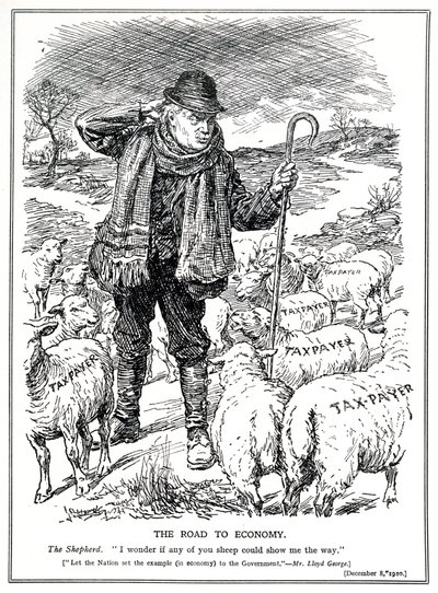 Lloyd George, mint Nagy-Britannia pásztora arra kéri az adófizetőket (birkák), hogy vezessék a gazdaság fellendülését, 1920. december alkotó: English School
