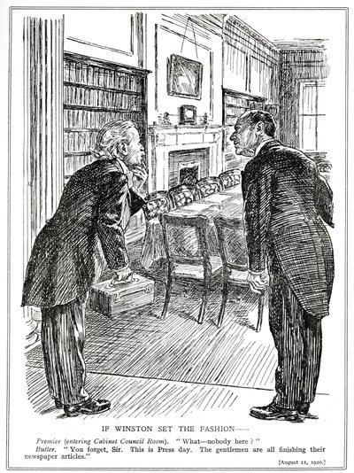 Lloyd George belép egy kabinetszobába, ahol nincsenek miniszterek, akik cikkeket írnak az újságokba, 1920. augusztus alkotó: English School