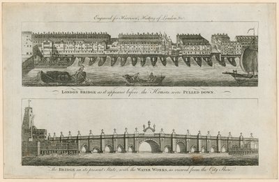 A London Bridge a házak lebontása előtt, jelenlegi állapotában alkotó: English School