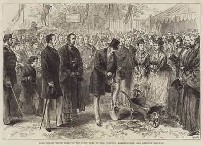 Lord Ernest Bruce megfordítja a swindoni, marlborough-i és andoveri vasút első gyepét (metszet) alkotó: English School