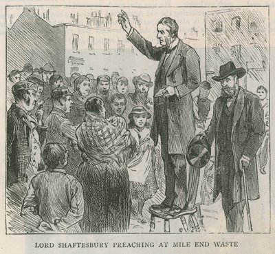 Lord Shaftesbury predigt am Mile End Waste, London von English School
