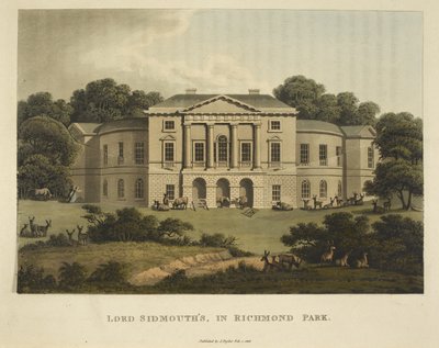 Lord Sidmouth a Richmond Parkban, a "Fragments on the Theory and Practice of Landscape Gardening, beleértve néhány megjegyzést a görög és gótikus építészetről, Humphry Repton segítségével" című könyvéből. alkotó: English School