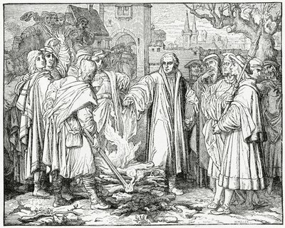 Luther Burns the Popes bullát 1520-ban, 1882-ben alkotó: English School