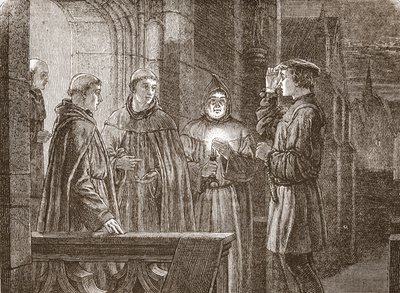Luther belép az Ágoston-rendi kolostorba, illusztráció: James Aitken Wylie (1808-1890) A protestantizmus története című könyvéből, pub. 1878 alkotó: English School