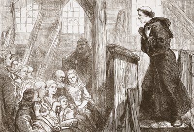 Luther prédikál a wittenbergi régi fatemplomban, illusztráció: James Aitken Wylie (1808-1890) A protestantizmus története című könyvéből, kocsma. 1878 alkotó: English School