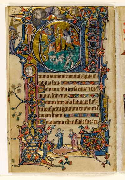 MS 1-2005, fol. 139v: Az Angyali üdvözlet a pásztoroknak, történeti kezdetű Macclesfield Psalter, Sarum használata, Kelet-Anglia, 1330 körül alkotó: English School
