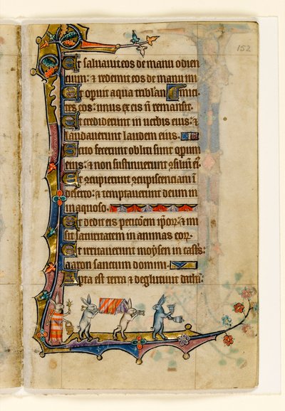MS 1-2005, fol. 152r: Nyúl temetési körmenet, szélső díszítés a Macclesfield Zsoltárból, Sarum használata, East Anglia, 1330 körül alkotó: English School