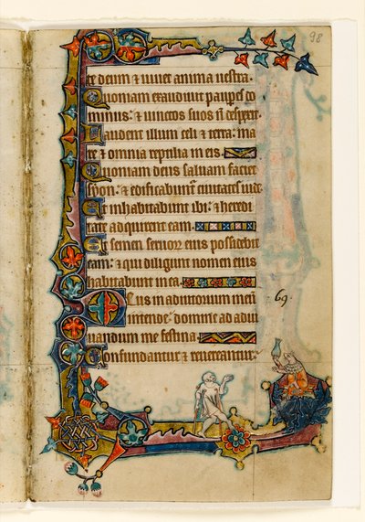 MS 1-2005, fol. 98r: Egy koldus és egy gazdag disznó (?), marginális díszítés a Macclesfield Zsoltárból, Sarum használata, East Anglia, 1330 körül alkotó: English School