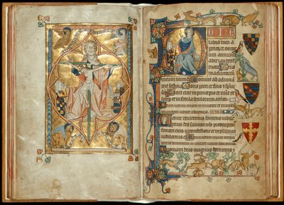 MS 242 f. 28v-29r Az irgalmasság trónja patrónusokkal, Krisztus-áldás patrónussal, 1314-30 körül (aranylevél és tempera pergamenen) alkotó: English School