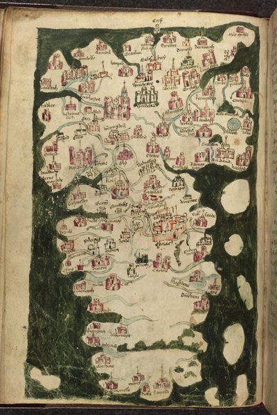 MS Harley 1808, f.9v Anglia és Wales térképe, a „Totius Britannae Tabula Chorographica”, 1400 körül (vellum) alkotó: English School