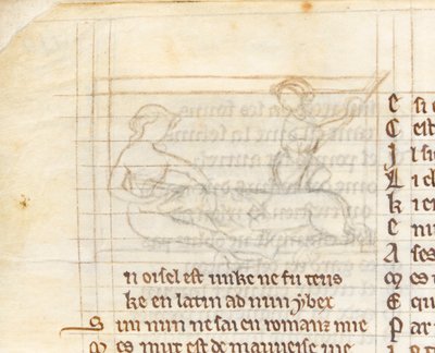 MS McClean 123 f.40v Alárajzolás miniatűrhöz, amely egy vadászt egy szűz ölében meztelenül fekvő egyszarvú elkapását ábrázolja, a 