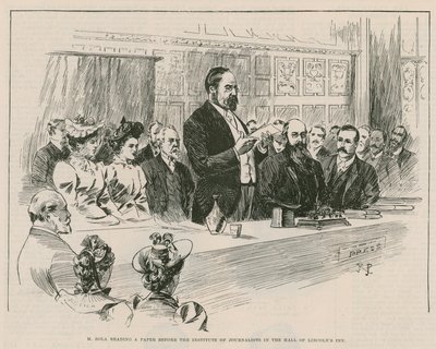 Emile Zola egy újságot olvas az Institute of Journalists előtt a londoni Lincolns Inn halljában alkotó: English School