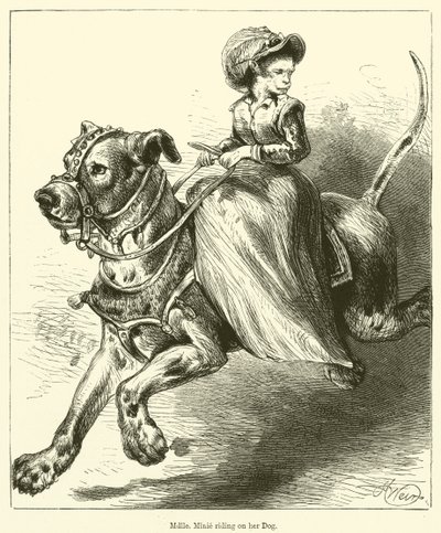 Mademoiselle Minie a kutyáján lovagol (metszet) alkotó: English School