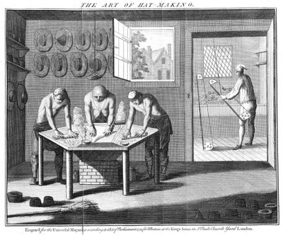 Hódsapkák készítése a The Universal Magazine-ból, London, pub. 1750-ben alkotó: English School