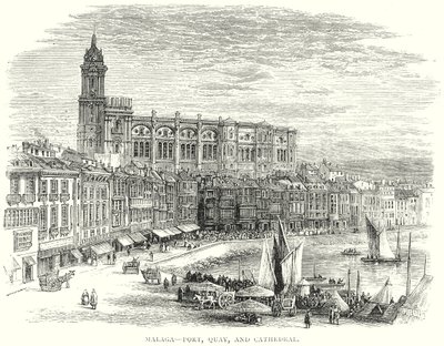 Malaga - kikötő, rakpart és katedrális (metszet) alkotó: English School