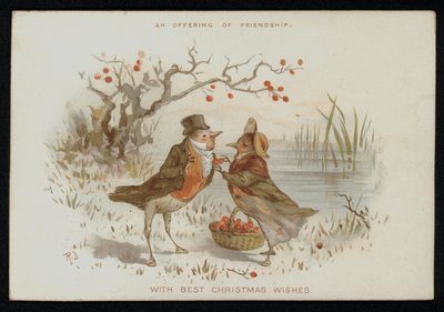 Férfi és női vörösbegy jelmezben. Karácsonyi üdvözlőlap. (chromolitho) alkotó: English School