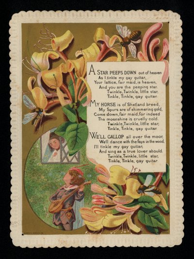 Szerenádozó férfi szeretőjével és loncsal, üdvözlőlap (chromolitho) alkotó: English School