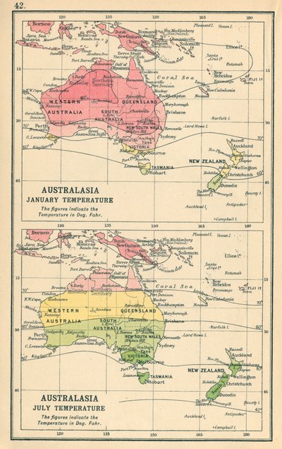 Térkép: Ausztrálázsia, január Hőmérséklet, július Hőmérséklet (színes litho) alkotó: English School